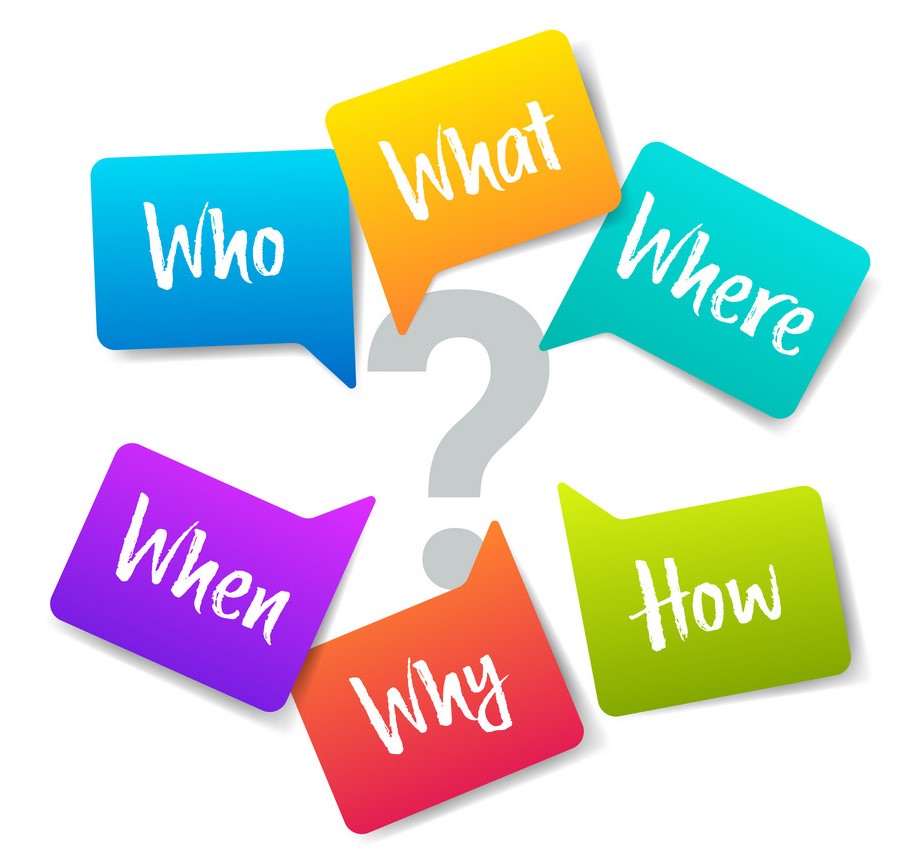 WHO WHAT WHERE WHEN WHY HOW, 5W1H or WH Questions. colorful spee WHO WHAT WHERE WHEN WHY HOW, 5W1H or WH Questions. colorful speech bubbles isolated on white background. vector design elements.