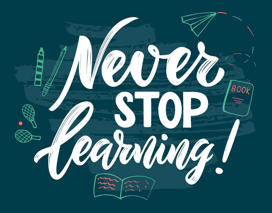 Motivational quote Never stop learning. Education concept. Hand script lettering Motivational quote Never stop learning. Education concept. Hand script lettering, doodle style illustration. Blue texture background. Back to school banner, web poster, print of card, library. Vector.
