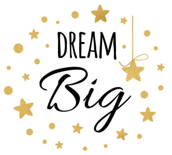 40. Dream (2) Dream Big inspiration quote. Vector typography poster with lettering phrase decorated golden stars on the white background. Cute print design.