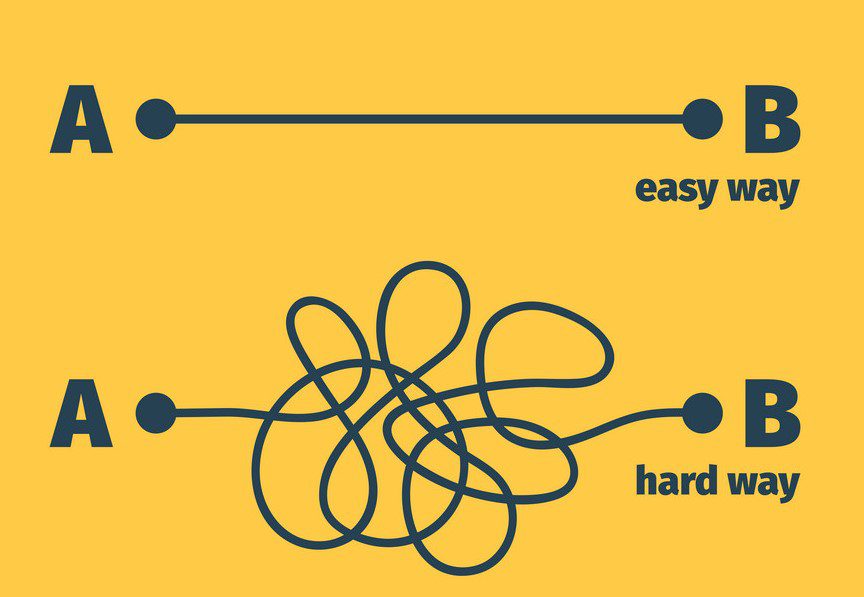 Easy way. Complicated problem path shape difficult and easiness way vector concept. Illustration curve way, route difficult solution